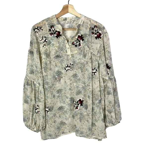 Zara Beige Floral Embroidered Long Sleeve Blouse S - Picture 1 of 3